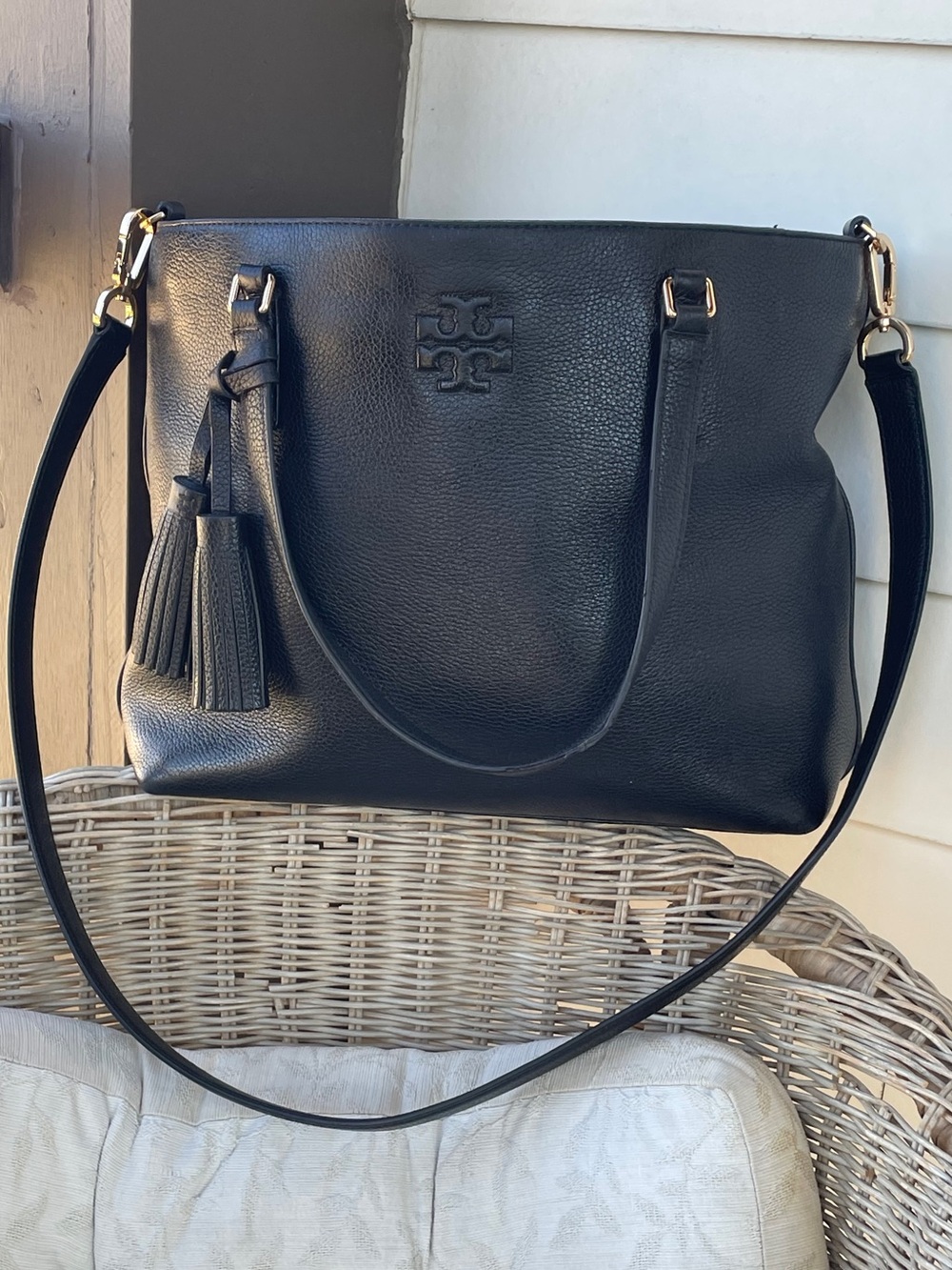 Tory Burch Black Pebbled Leather Shoulder Tote with Tassel
